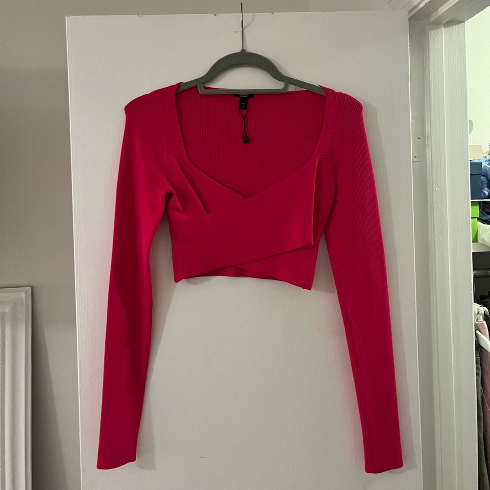 Express Fuchsia Long Sleeve Wrap Crop Top
